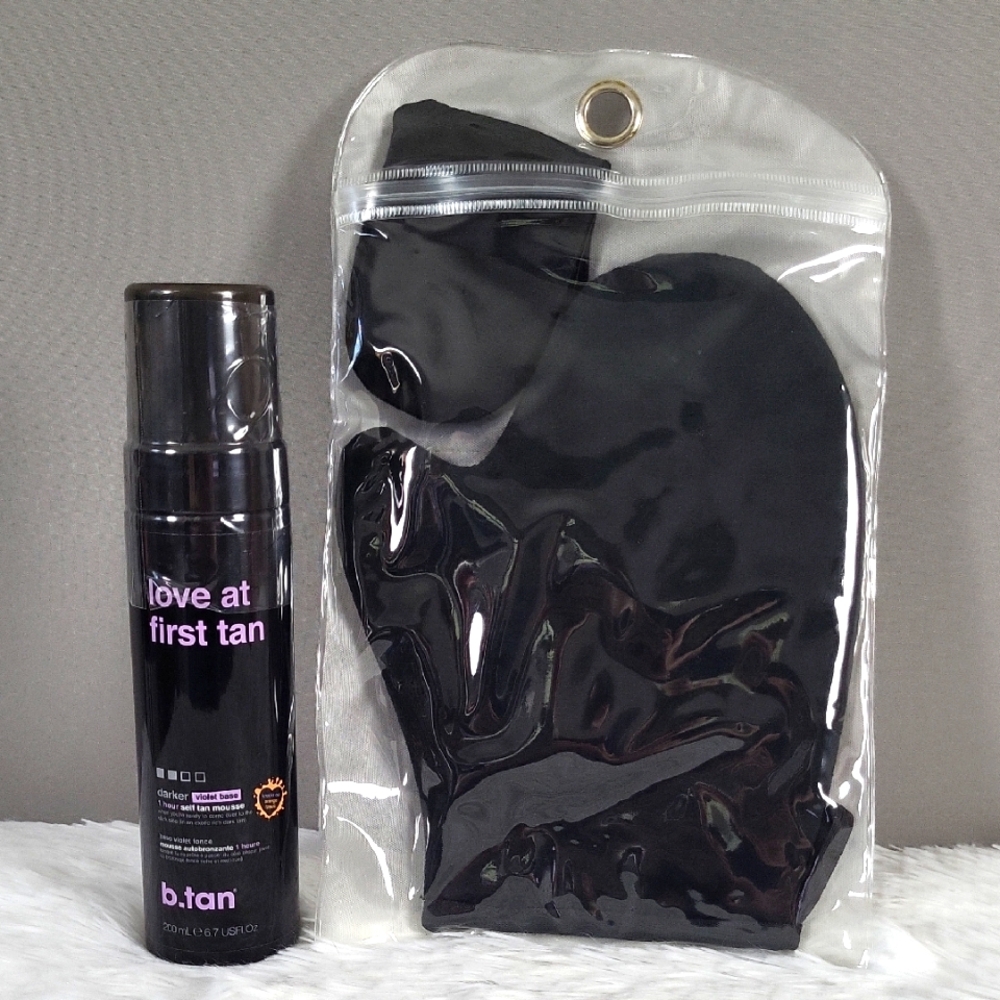 b.tan Love At First Tan Darker Violet Base 1 Hr Self Tanner w/ Hand Mitt, NEW